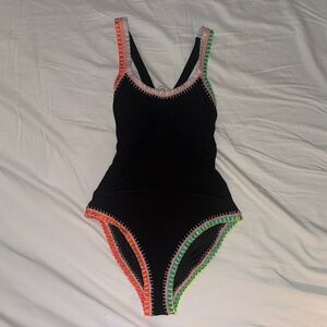 PQ Swim Solange Ferrarini Women's One Piece Swimsuit Size M Black Crochet Trim